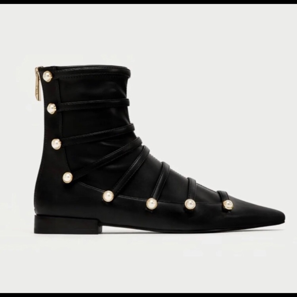 Zara Trafaluc Black Faux Pearl Ankle Boots